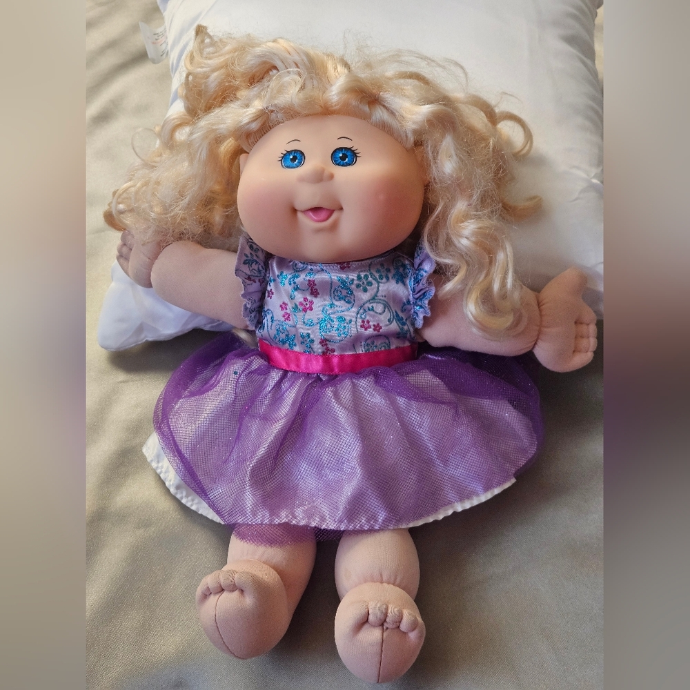 Vintage Cabbage Patch Kids Doll Curly Blonde Hair & Blue Eyes With purple dress